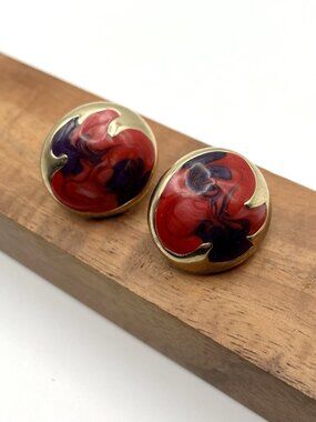 Vintage 80s Don-Lin Abstract Enamel Statement Earrings Red Black Swirl Gold Tone